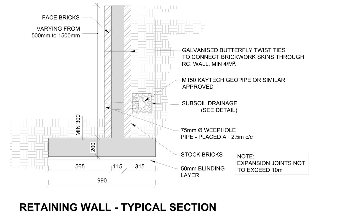 Typical section through the reinforced concrete retaining wall, with the brick facing, subsoil drainage and weephole detail.